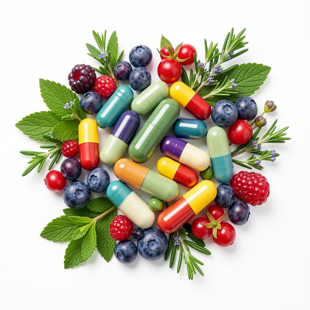 Artistic arrangement of supplement capsules surrounded by fresh botanical ingredients including berries, roots, and herbs